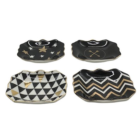 CONJ. DE PRATOS EM CERAMICA PRETO, BRANCO E DOURADO  4 PCS 9