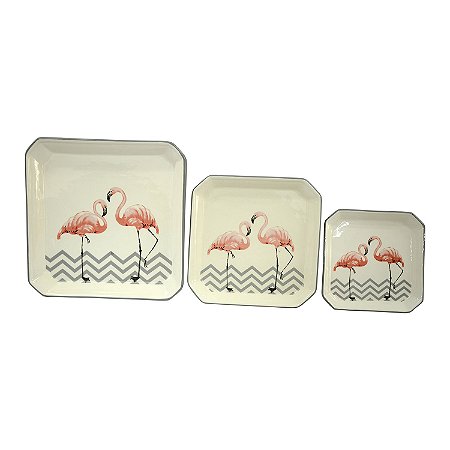 CJ DE PRATOS DE CERAMICA FLAMINGOS 3 PCS G 28CM X 28CM X