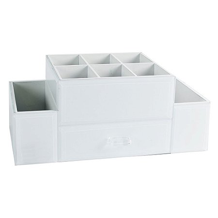 PORTA MAQUIAGEM EM VIDRO E MADEIRA BRANCO 32CM X 14CM X 14CM