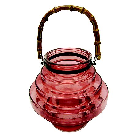LANTERNA DE VIDRO COM ALCA DE BAMBU VERMELHO