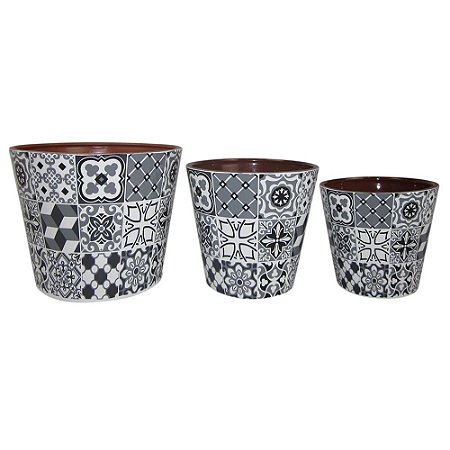 CONJ. DE CACHEPOTS DE CERAMICA ESTAMPADO AZUL E PRETO COM DE