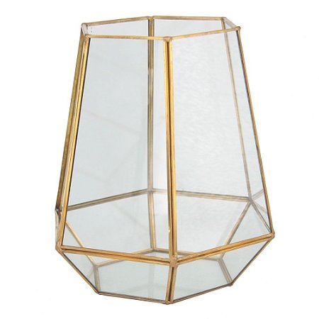 VASO SEXTAVADO DE METAL E VIDRO DOURADA 19CM X 21CM X 22,5CM