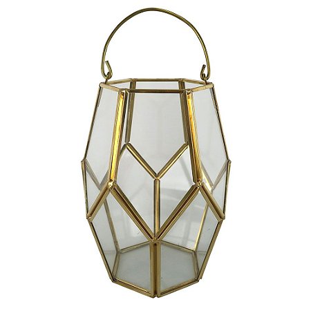 VASO DE VIDRO E METAL DOURADO 12,3CM X 12,3CM X 16,3CM
