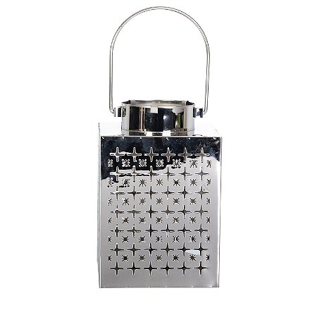 LANTERNA DECORATIVA EM ACO INOX PRATA 13,5CM X 13,5CM X 21CM