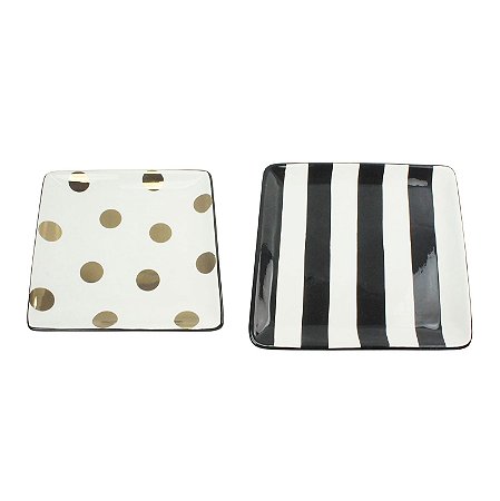 CJ DE PRATOS D CERAMICA PRETO, BRANCO DOURADO 23,5CM X 23,5C