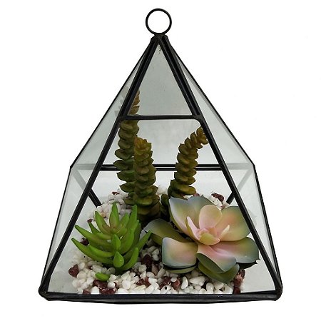 TERRAREO DE VIDRO E METAL PRETO E FLORES DECORATIVAS