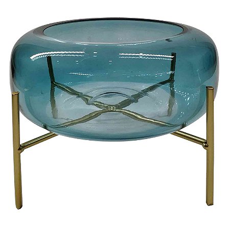 VASO DE VIDRO AZUL COM SUPORTE DOURADO