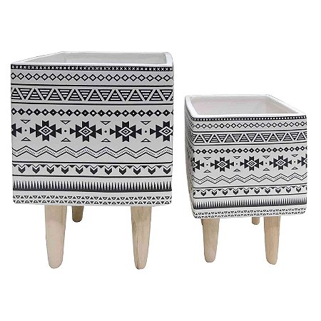 CJ. DE CACHEPOTS DE CERAMICA COM BASE DE MADEIRA - 2PS