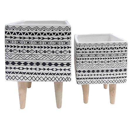 CJ. DE CACHEPOTS DE CERAMICA COM BASE DE MADEIRA - 2PS