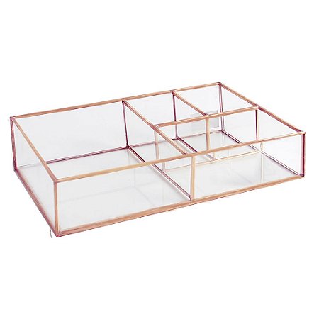 PORTA OBJETOS EM VIDRO E METAL TRANSPARENTE E COBRE 28,6CM X