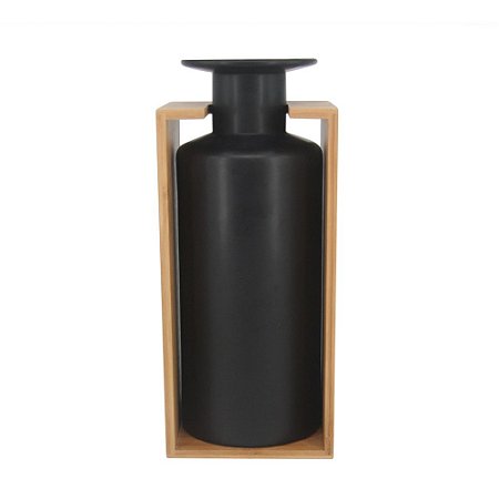 VASO DECORATIVO DE CERAMICA E BAMBU PRETO 14CM X 12,5CM X 32