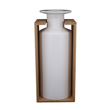 VASO DECORATIVO DE CERAMICA E BAMBU BRANCO 14CM X 12,5CM X 3