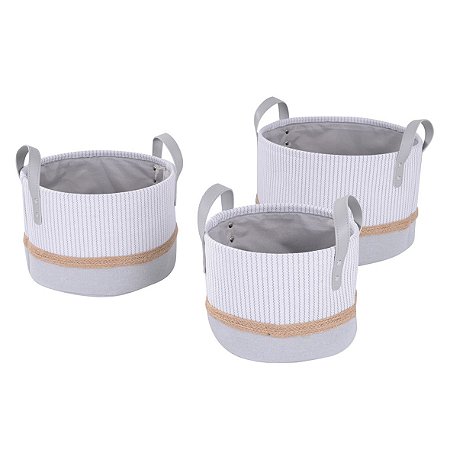 CONJ DE CESTOS DE TECIDO CINZA COM DETALHE MARROM  3 PECAS