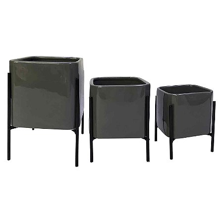CJ. DE CACHEPOTS DE CERÂMICA PRETO E METAL PRETO - 3PÇS
