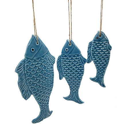 CJ DE PEIXES DE PORCELANA AZUL CLARO 3 PCS 12,5 X 25,7CM M