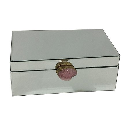 CAIXA DECORATIVA ESPELHADA COM PEDRA ROSA QUARTZO ROSA