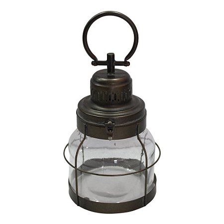 LANTERNA EM METAL E VIDRO MARROM D18CM X 27CM / 34CM