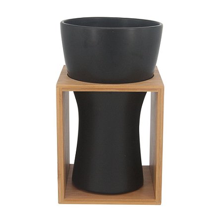 VASO DECORATIVO DE CERAMICA E BAMBU PRETO 13,5CM X 13,5CM X