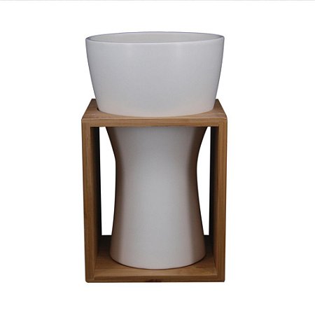 VASO DECORATIVO DE CERAMICA E BAMBU BRANCO 13,5CM X 13,5CM X