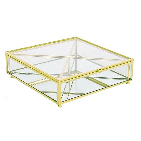 PORTA OBJETOS EM VIDRO E METAL TRANSPARENTE E DOURADO 20CM X
