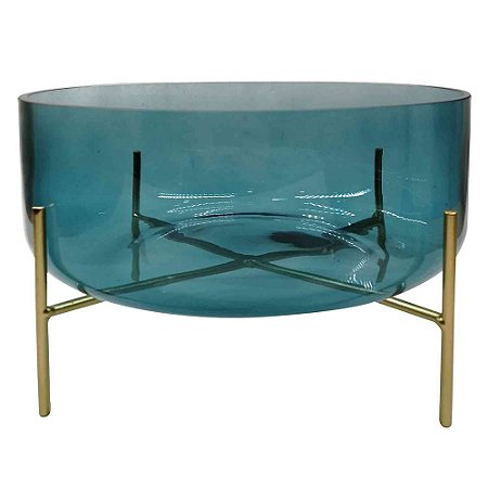 VASO DE VIDRO AZUL COM SUPORTE DOURADO