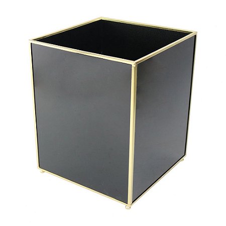 CESTO DE LIXO DE VIDRO PRETO E DOURADO