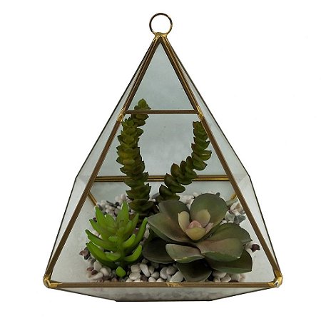 TERRAREO DE VIDRO E METAL DOURADO E FLORES DECORATIVAS