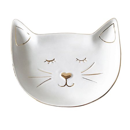 CJ DE MINI PRATO DE CERAMICA GATO BRANCO E DOURADO 4PCS