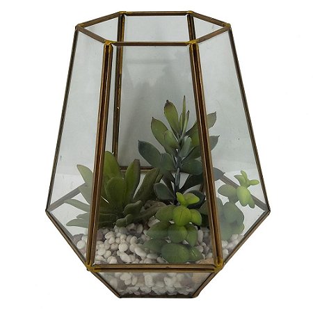 TERRAREO DE VIDRO E METAL DOURADO E FLORES DECORATIVAS
