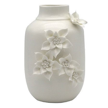 VASO DE CERAMICA BRANCO COM FLORES APLICADAS 3D 16,6CM X 14,