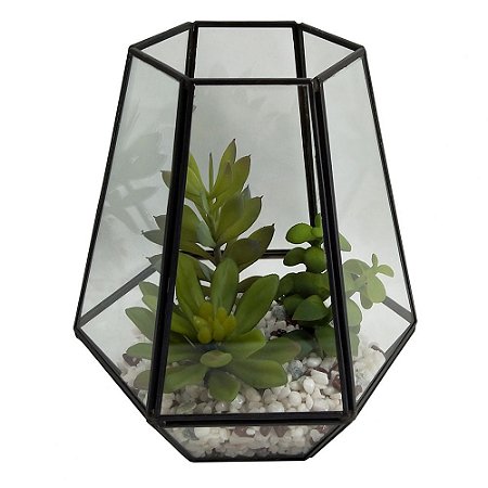 TERRAREO DE VIDRO E METAL PRETO E FLORES DECORATIVAS