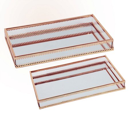 CONJ. DE BANDEJAS EM VIDRO E METAL TRANSPARENTE E COBRE  2 P