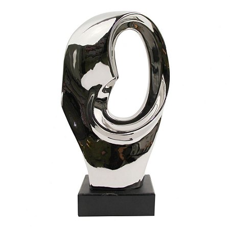 PECA DECORATIVA DE CERAMICA PRATA COM BASE DE MADEIRA