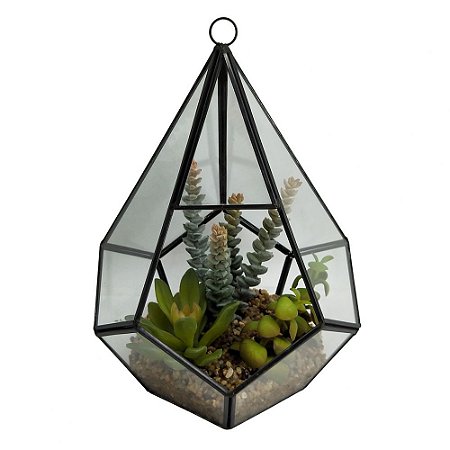 TERRAREO DE VIDRO E METAL PRETO E FLORES DECORATIVAS
