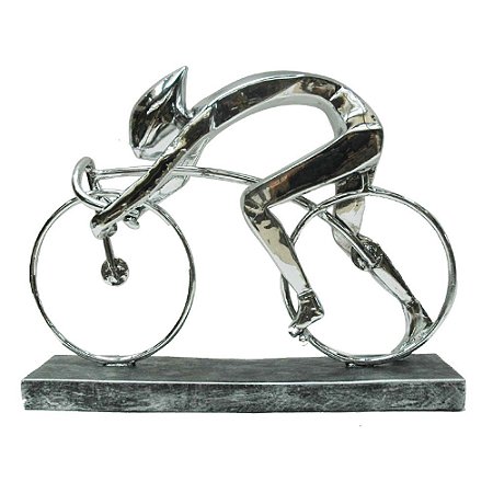 CICLISTA DECORATIVO EM RESINA PRATEADA 27,5CM X 9,5CM X 21CM