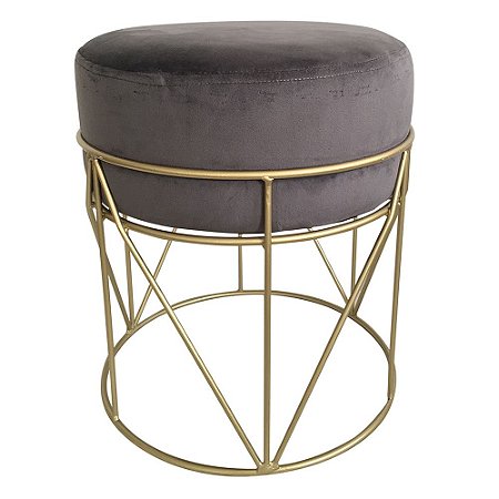 BANQUETA EM METAL E VELUDO CINZA E DOURADA 35CM X 35CM X 40C