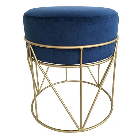 BANQUETA EM METAL E VELUDO AZUL E DOURADA 35CM X 35CM X 40CM