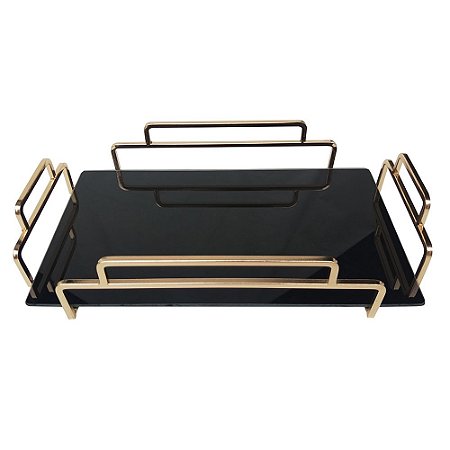 BANDEJA DE VIDRO PRETO E METAL E DOURADO 36CM X 22CM X 6CM