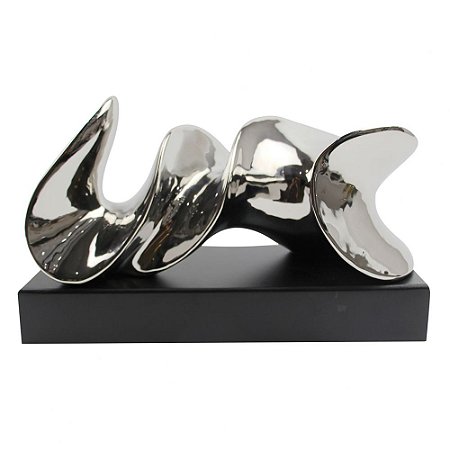PECA DECORATIVA DE CERAMICA PRATA COM BASE DE MADEIRA