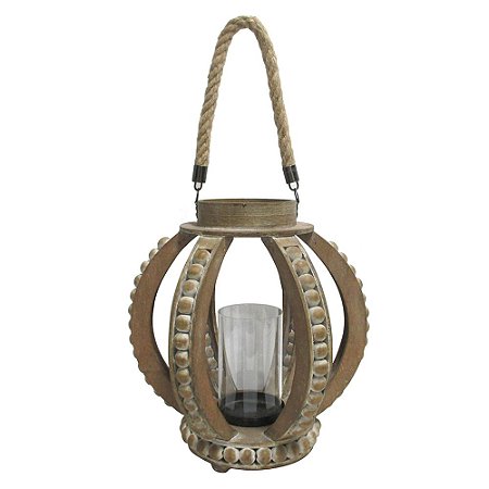 LANTERNA EM CORDA, VIDRO E MADEIRA MARROM 29,5CM X 26,5CM X