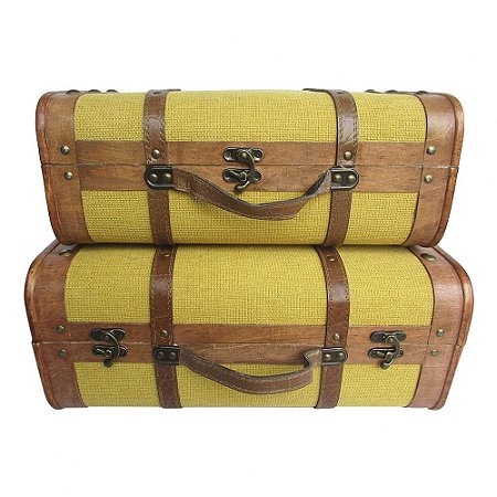 CJ  DE MALETAS DE MADEIRA E METAL MARROM E AMARELO  2PCS