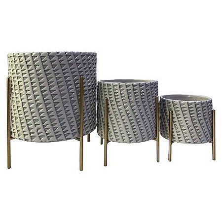 CJ. DE CACHEPOTS DE CERÂMICA BRANCO,  CINZA E DOURADO - 3PÇS