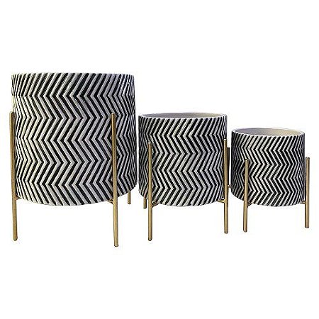CJ. DE CACHEPOTS DE CERÂMICA BRANCO, PRETO E DOURADO - 3PÇS