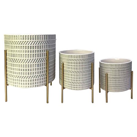 CJ. DE CACHEPOTS DE CERÂMICA BRANCO, CINZA E DOURADO - 3PÇS
