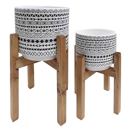 CJ. DE CACHEPOTS DE CERAMICA COM BASE DE MADEIRA - 2PS