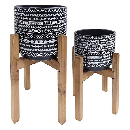 CJ. DE CACHEPOTS DE CERAMICA COM BASE DE MADEIRA - 2PS