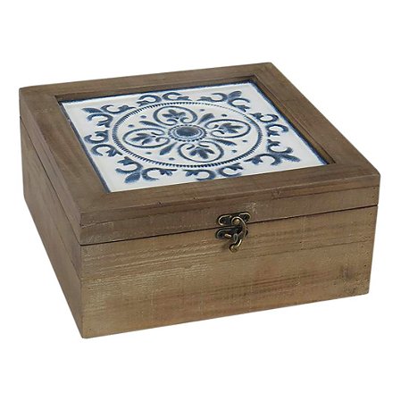CAIXA DECORATIVA DE MADEIRA ESTILO PORTUGUES 26CM X 26CM X 1