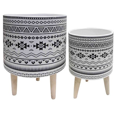 CJ. DE CACHEPOTS DE CERAMICA COM BASE DE MADEIRA - 2PS