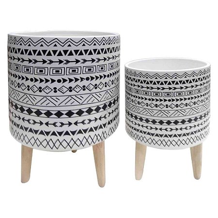 CJ. DE CACHEPOTS DE CERAMICA COM BASE DE MADEIRA - 2PS