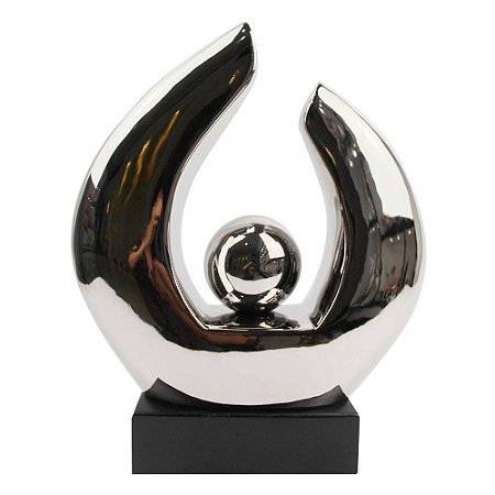 PECA DECORATIVA DE CERAMICA PRATA COM BASE DE MADEIRA